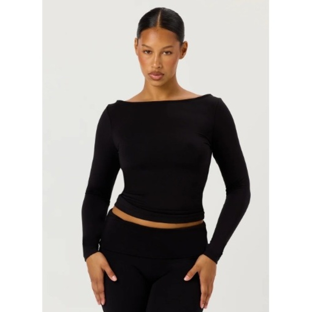 Thrive Societe Boat Neck Top Womens M Black Ribbed Long Sleeve NWT